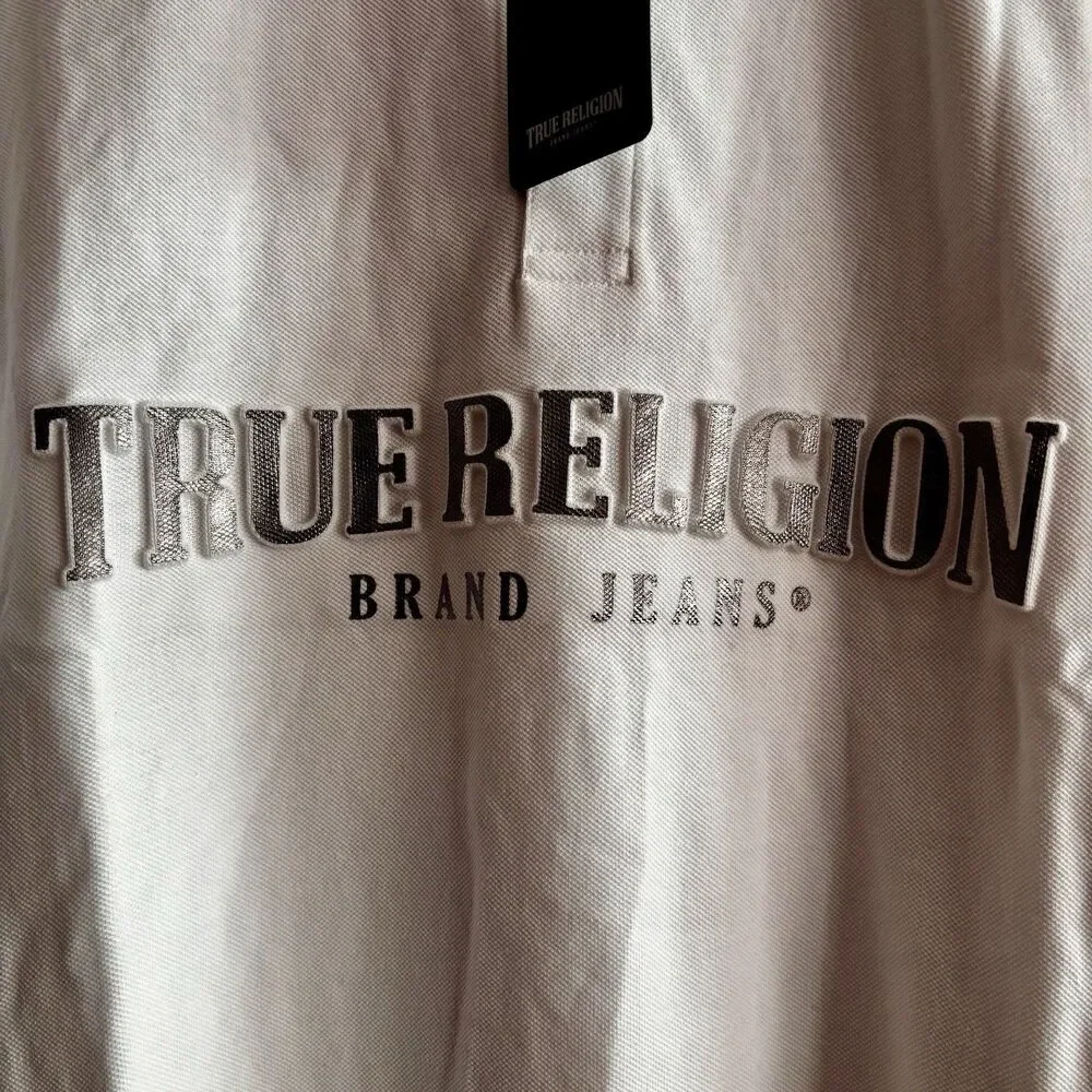 True Religion Shirt Polo Men’s Size 2XL White Black Silver Raised Lettering NEW